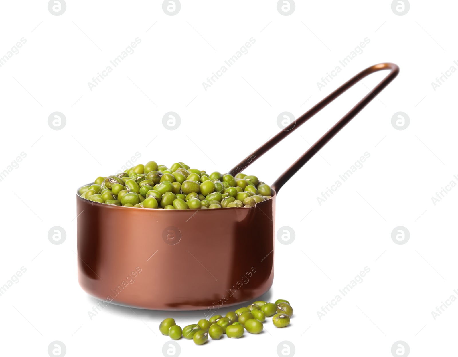 Photo of Saucepan with fresh mung beans isolated on white