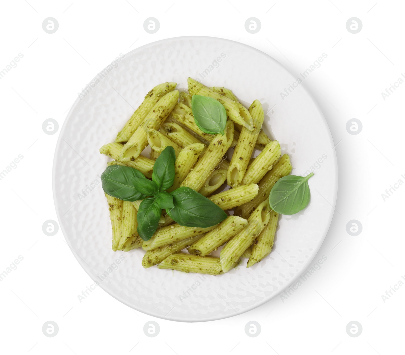 Photo of Delicious pasta with pesto sauce and basil isolated on white, top view