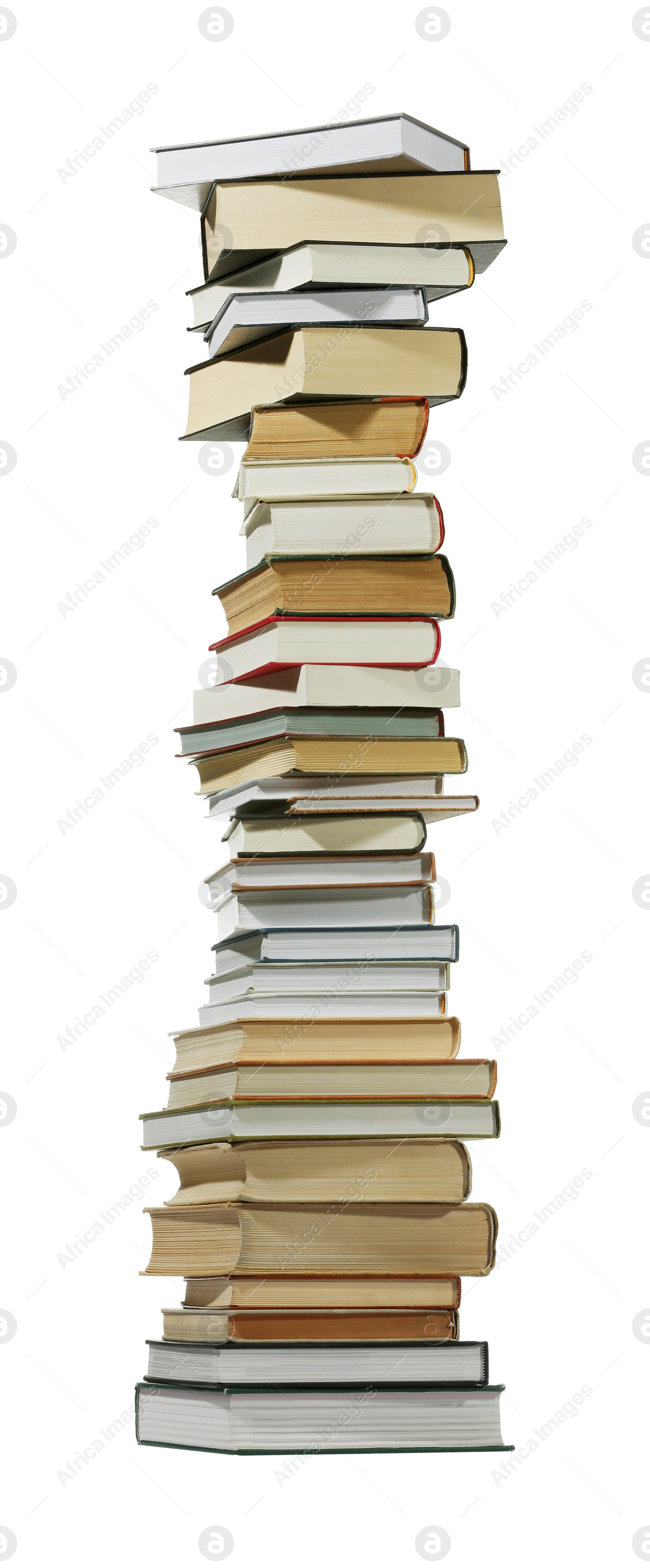 Photo of High stack of many different books isolated on white