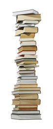 Photo of High stack of many different books isolated on white