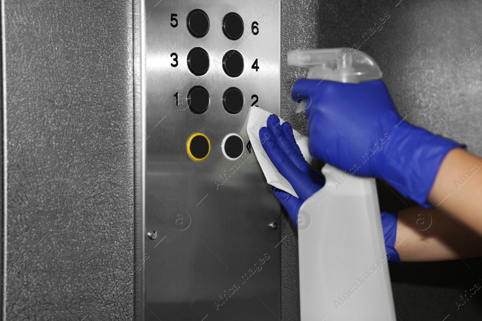 Photo of Woman wiping buttons of elevator`s panel with detergent and paper napkin, closeup