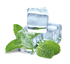 Image of Green mint and ice cubes isolated on white