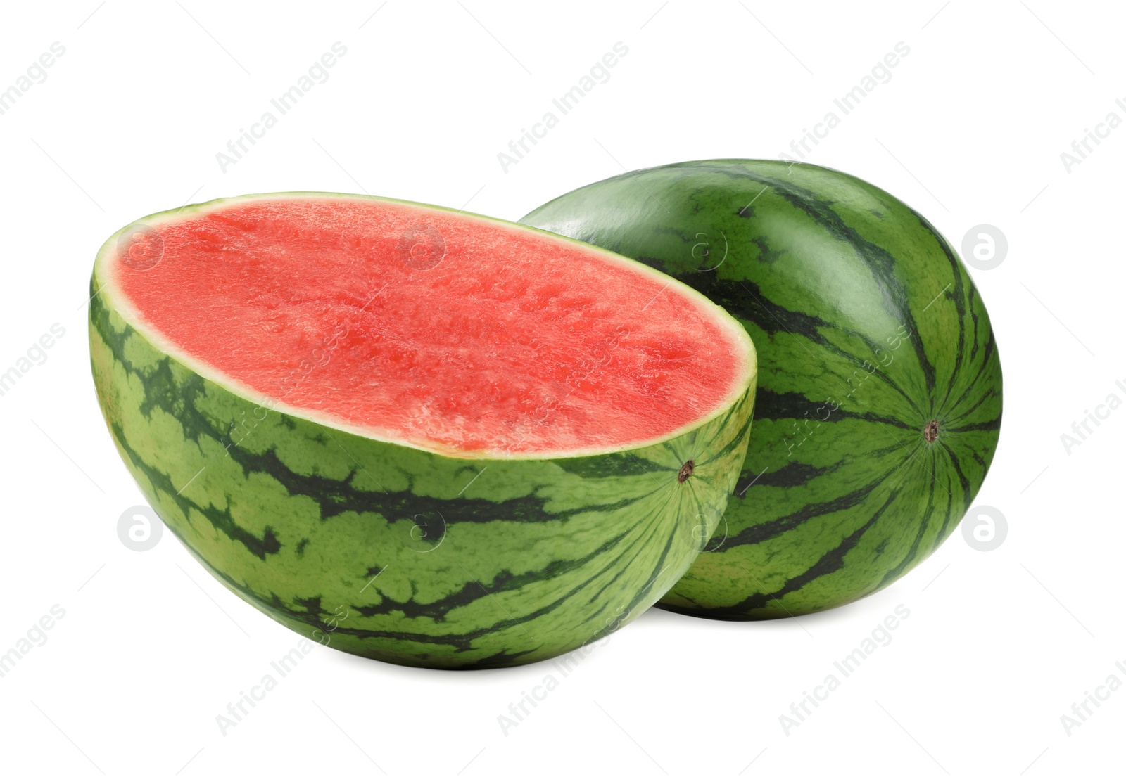 Photo of Tasty whole and cut watermelon on white background