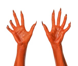 Creepy monster. Orange hands with claws isolated on white