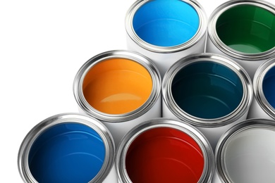 Open paint cans on white background, closeup