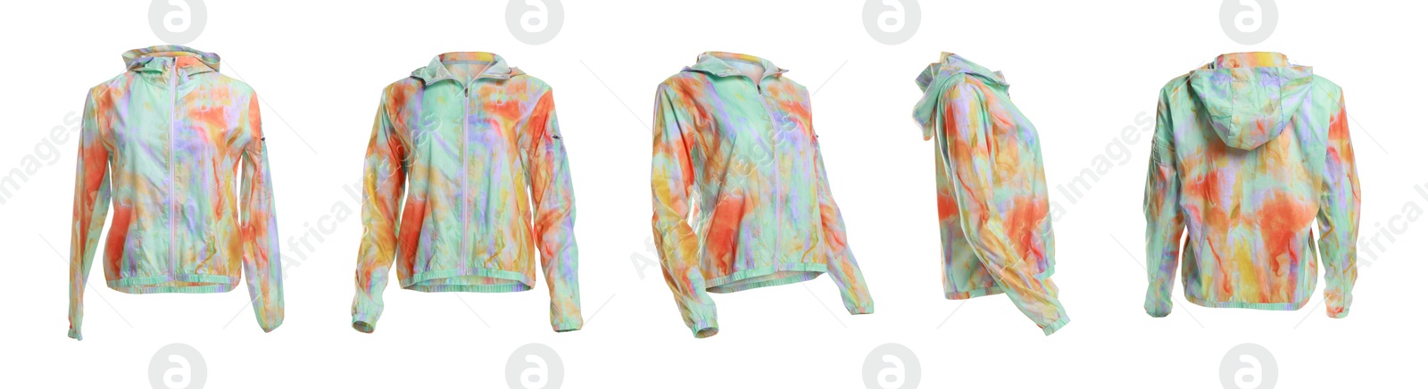 Image of Comfortable sportswear. Collage with bright sports windbreaker on white background, different sides