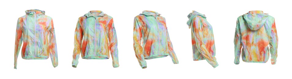 Comfortable sportswear. Collage with bright sports windbreaker on white background, different sides