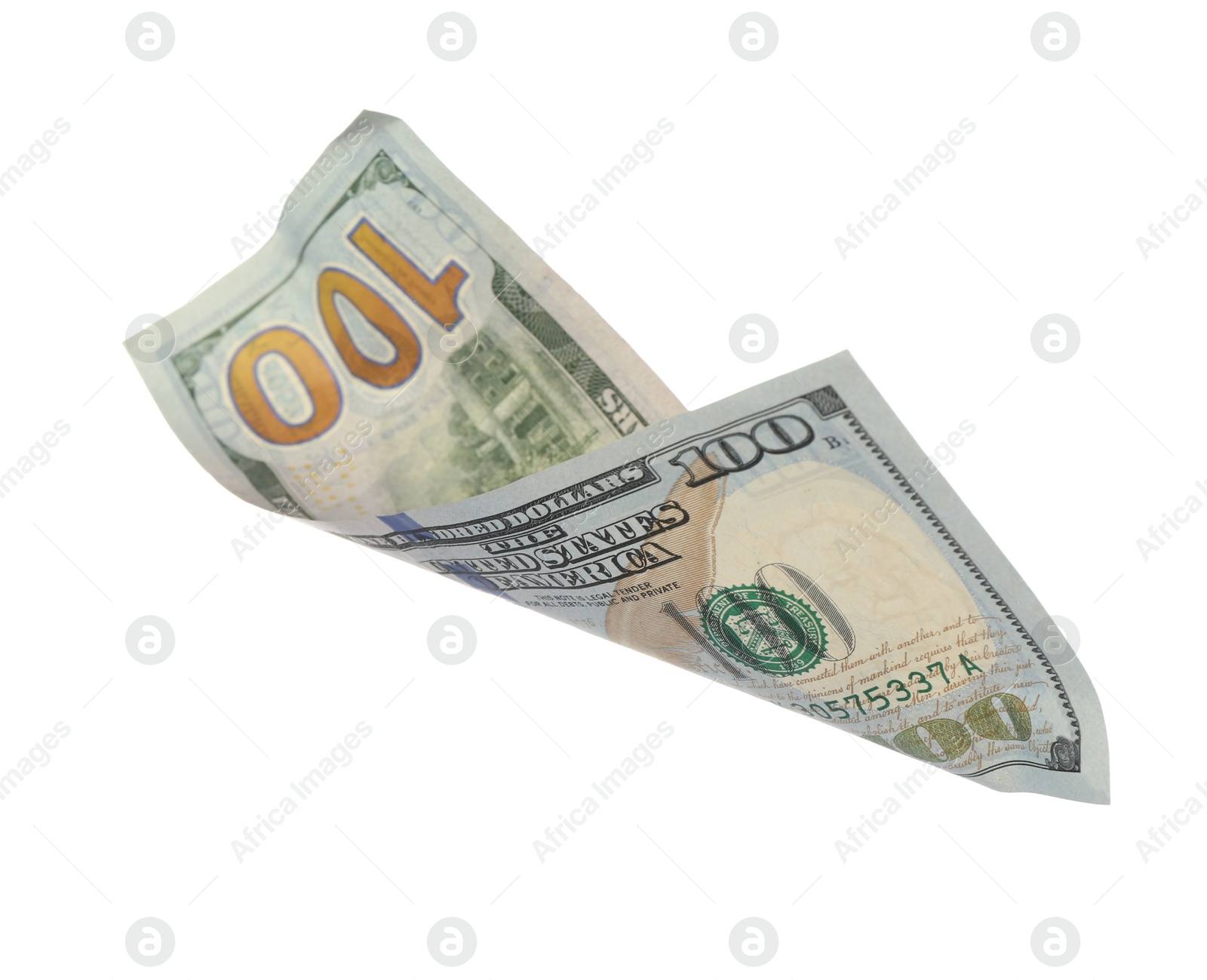 Photo of Dollar banknote isolated on white. Flying money