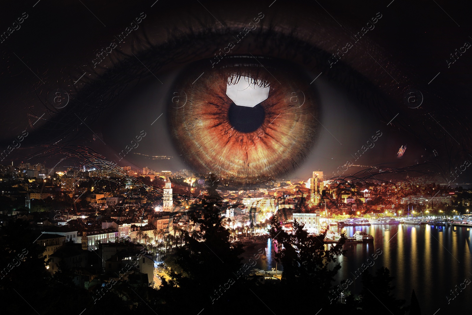 Image of Double exposure of night cityscape and woman with beautiful eye, closeup