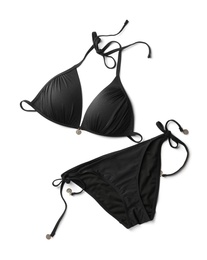 Photo of Stylish black bikini on white background, top view