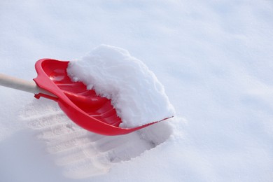 Shoveling snow outdoors, closeup. Space for text