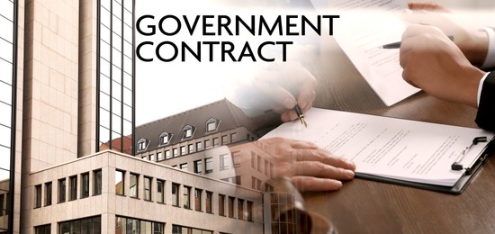 Image of Government contract. Double exposure with photo of businesspeople working with documents and buildings