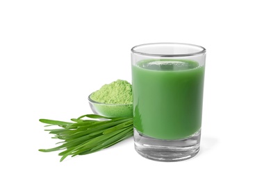 Photo of Glass of wheat grass juice, bowl with powder and sprouts on white background