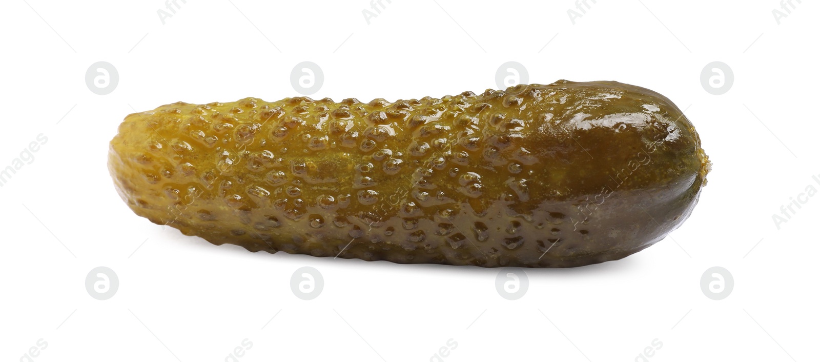 Photo of One tasty pickled cucumber isolated on white