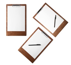 Image of Wooden clipboards with blank sheets of paper on white background, top view