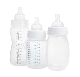 Three empty feeding bottles for baby milk on white background