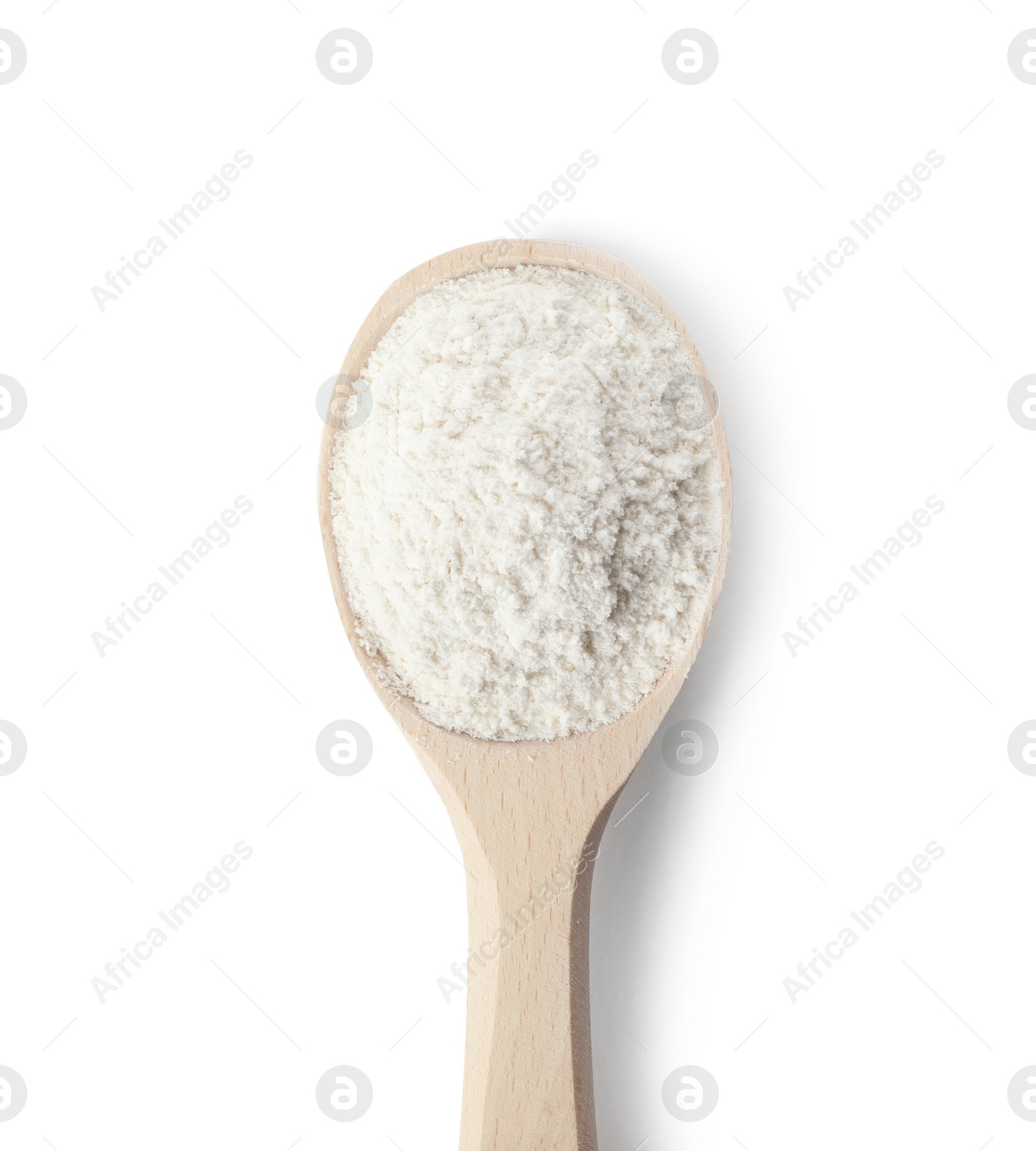 Photo of Spoon of wheat flour isolated on white, top view