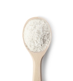 Spoon of wheat flour isolated on white, top view