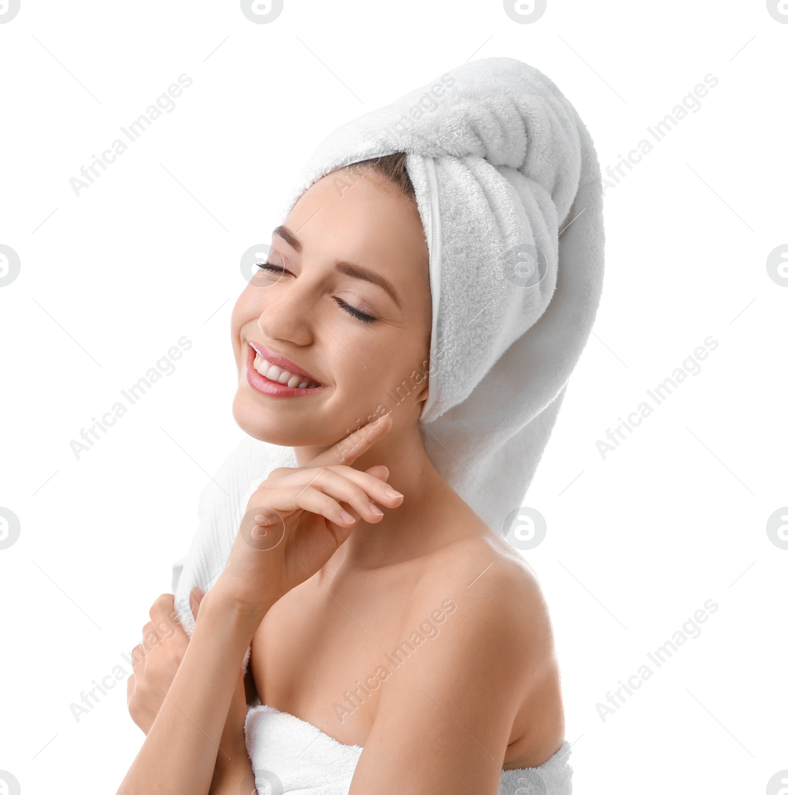 Photo of Beautiful young woman with silky skin on white background