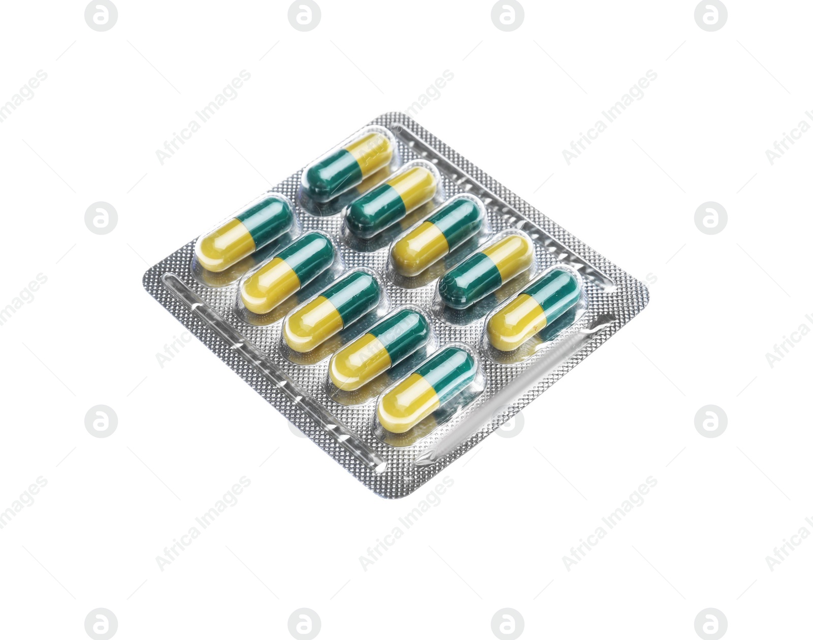 Photo of Pills in blister pack on white background