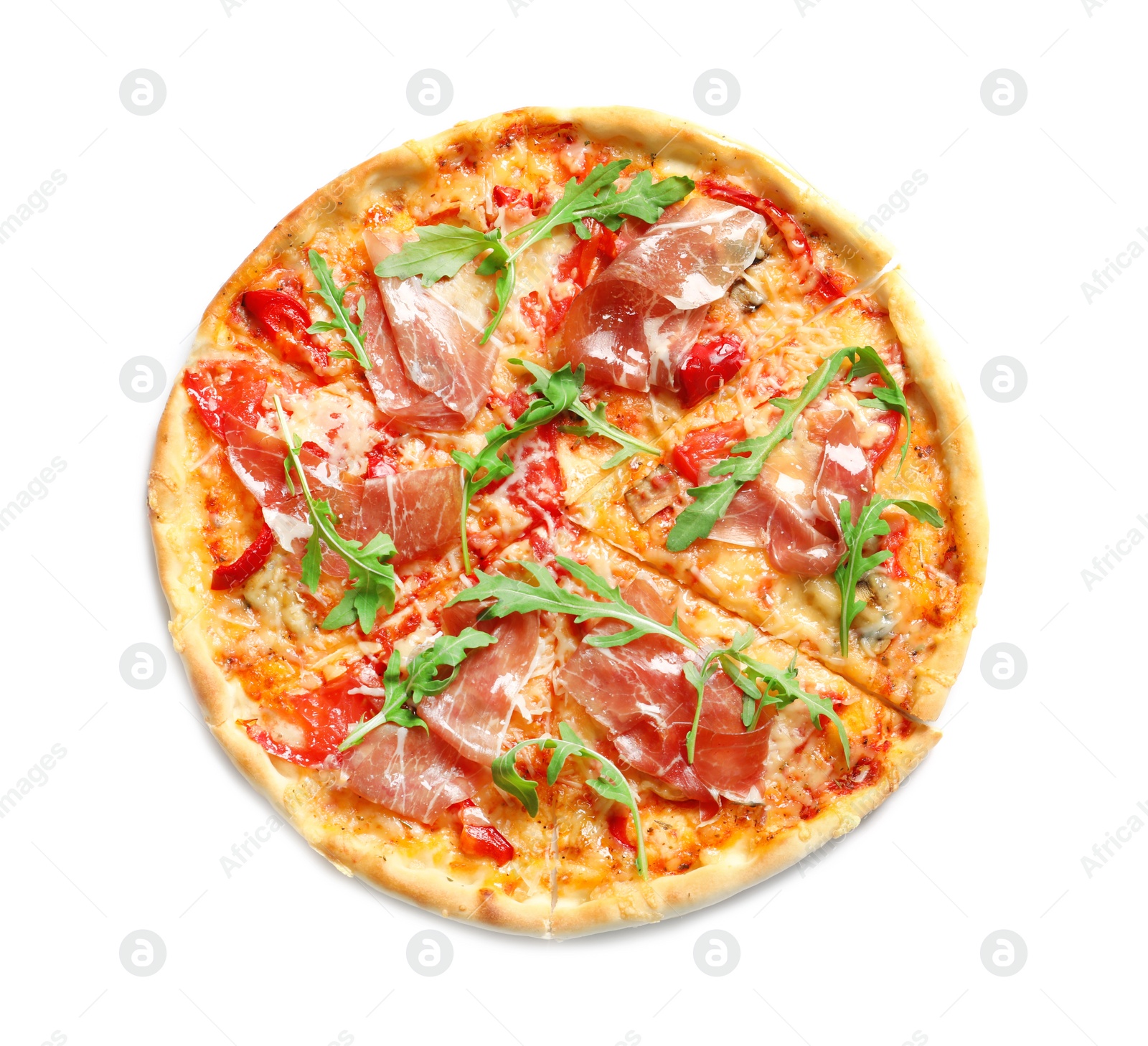 Photo of Tasty hot pizza with meat on white background