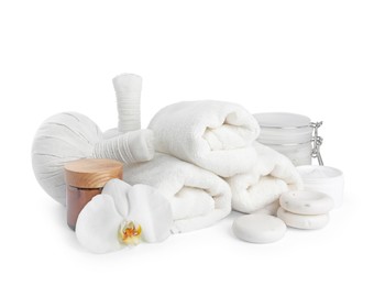 Photo of Spa composition with care products on white background