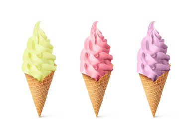 Image of Set of different delicious soft serve ice creams in crispy cones on white background