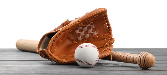 Baseball bat, ball and catcher's mitt on grey wooden table against white background