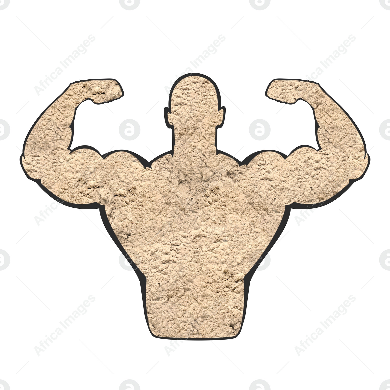 Illustration of Muscular man showing biceps on white background. Silhouette of sportsman made with amino acids powder