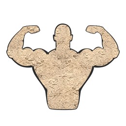 Illustration of Muscular man showing biceps on white background. Silhouette of sportsman made with amino acids powder