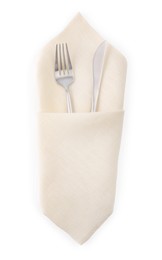 Photo of Light napkin with silver fork and knife isolated on white, top view. Cutlery set