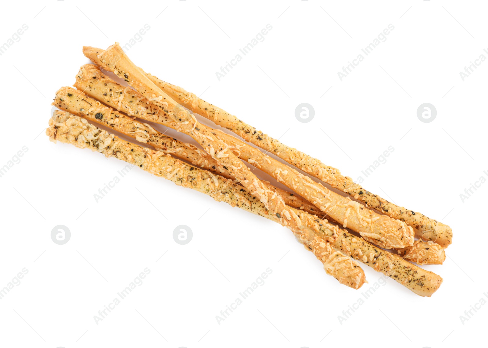 Photo of Fresh delicious grissini sticks on white background, top view