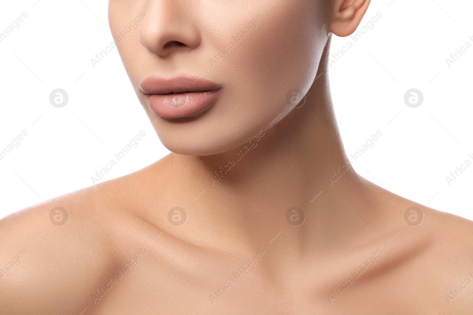 Photo of Woman with pink lipstick on white background, closeup