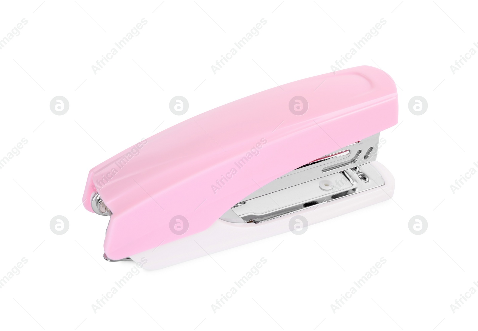 Photo of One new pink stapler isolated on white