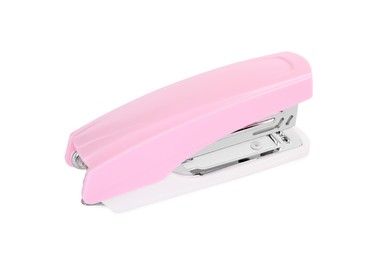 Photo of One new pink stapler isolated on white