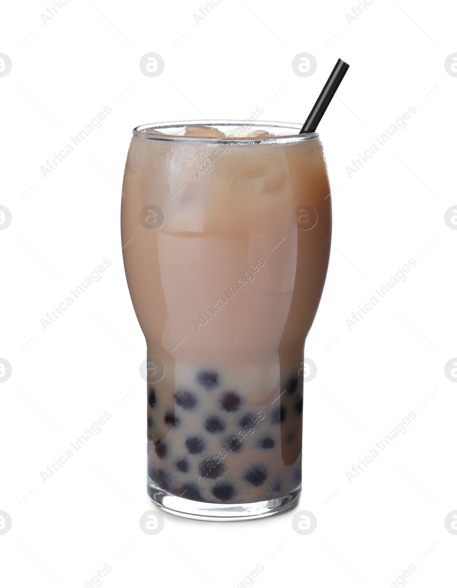 Photo of Bubble milk tea with tapioca balls in glass isolated on white