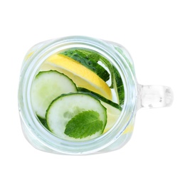 Refreshing drink with cucumber, lemon and mint isolated on white