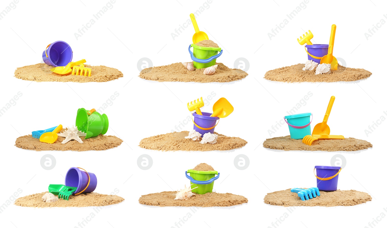 Image of Set of different plastic beach toys on white background 