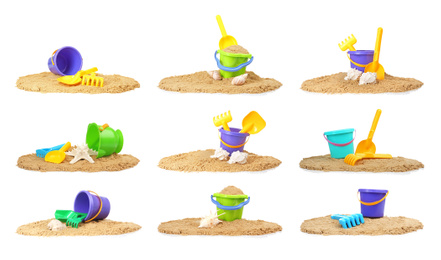 Image of Set of different plastic beach toys on white background 