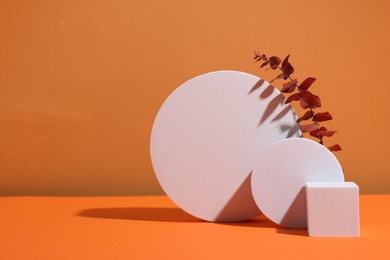 Photo of Scene with podium for product presentation. Figures of different geometric shapes and dry eucalyptus branch on orange background, space for text