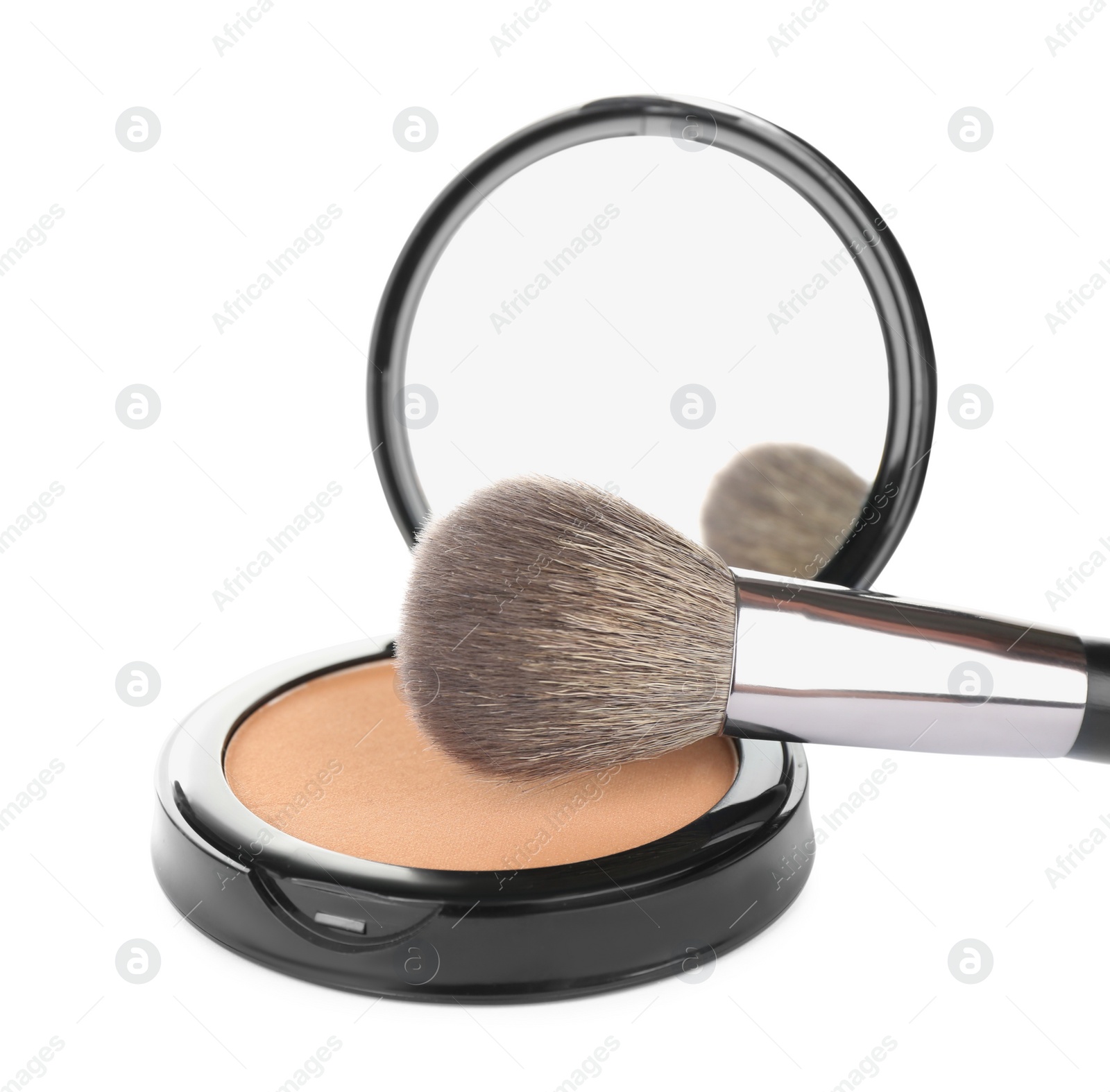 Photo of Face powder with brush on white background. Makeup product