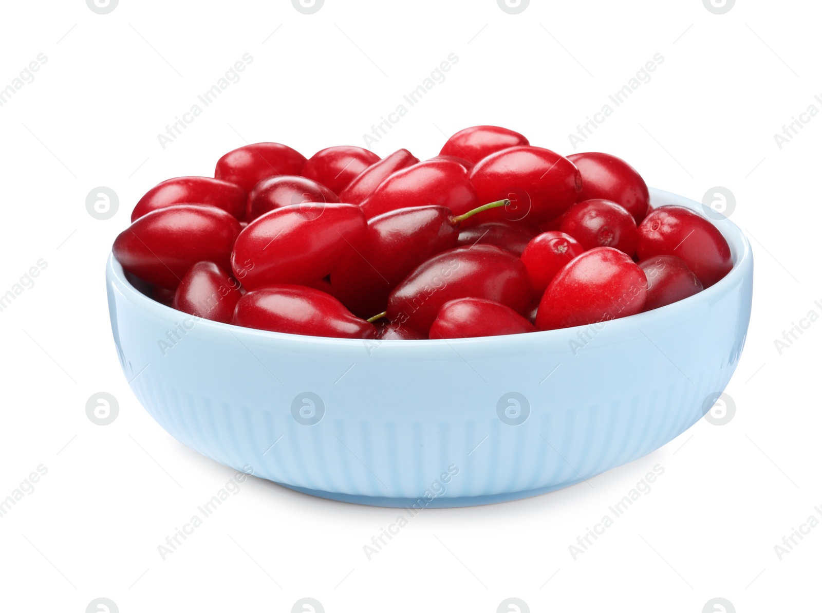 Photo of Fresh ripe dogwood berries in bowl on white background