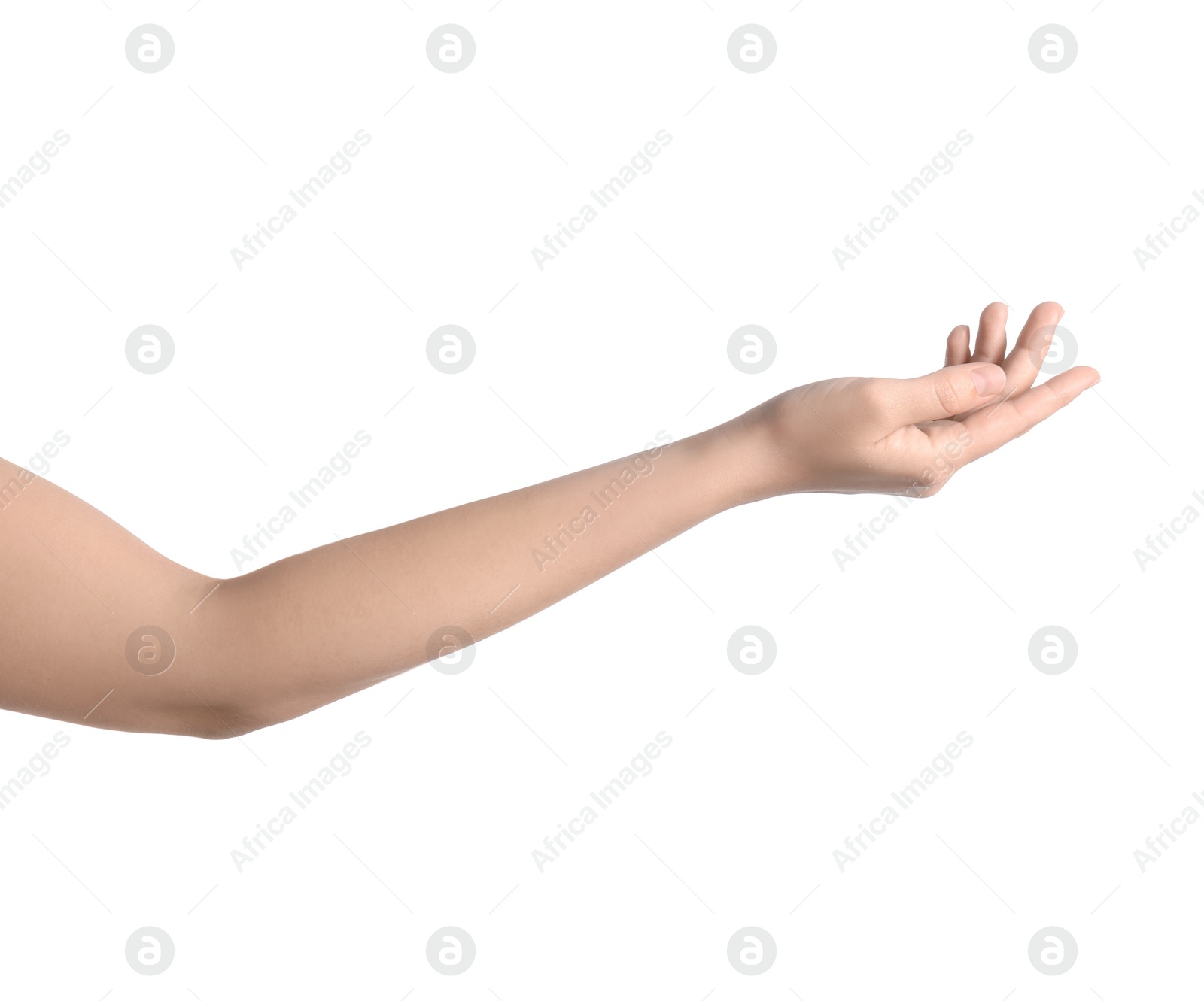 Photo of Woman against white background, closeup on hand