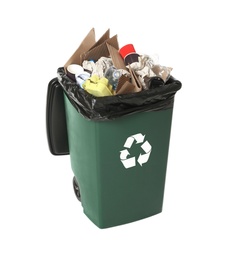 Photo of Trash bin with garbage on white background. Waste recycling