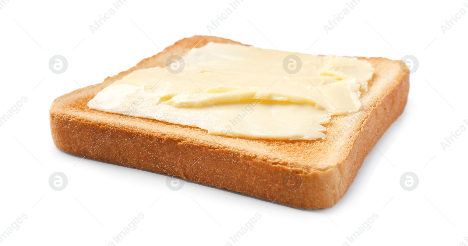 Photo of Delicious crispy toast with butter isolated on white