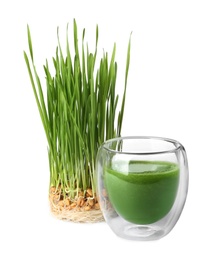 Photo of Glass of fresh wheat grass juice and sprouts on white background