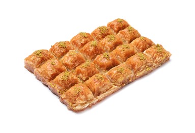 Photo of Delicious sweet baklava with pistachios isolated on white