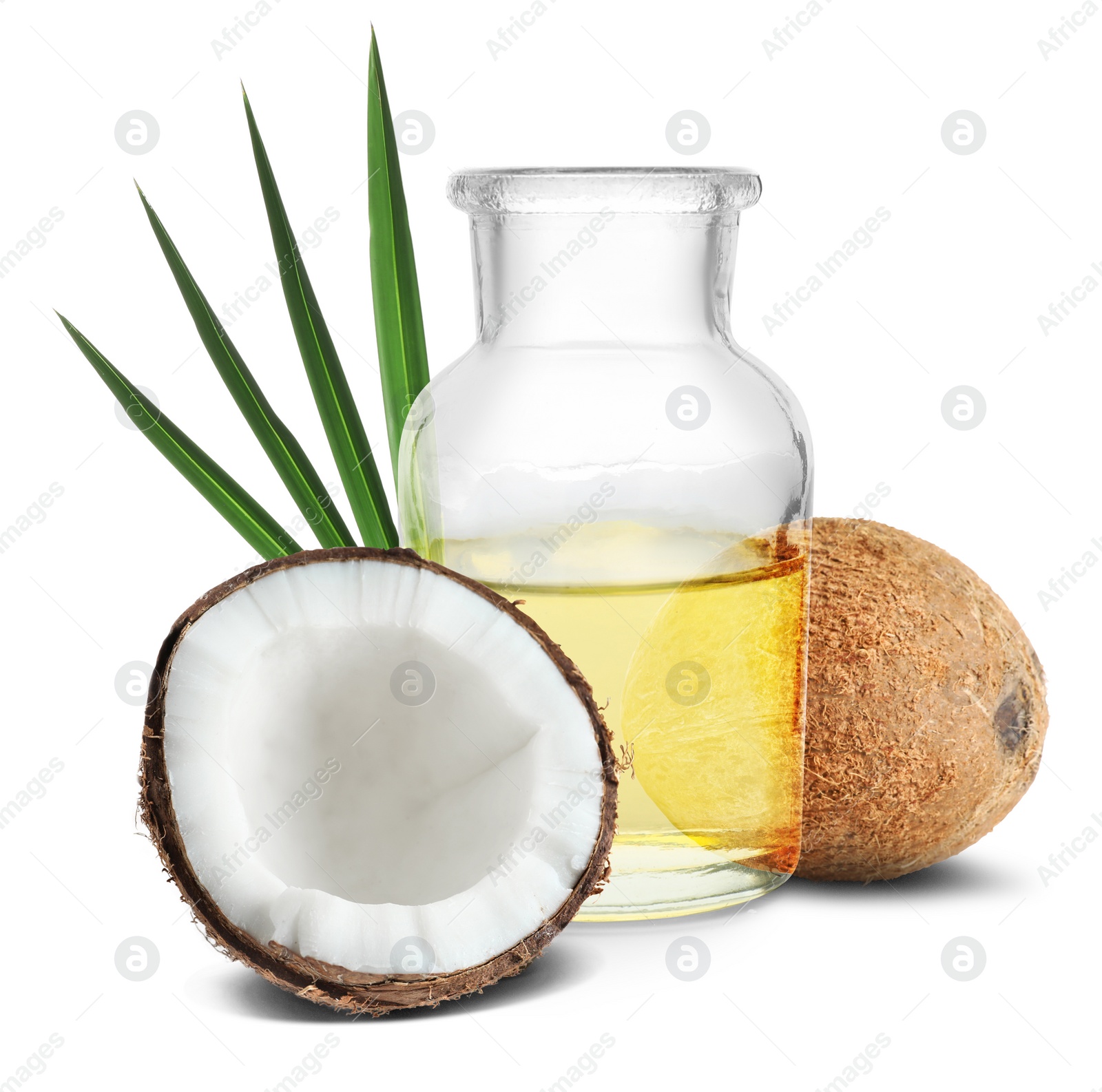 Image of Bottle of coconut cooking oil and fruit on white background