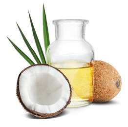 Image of Bottle of coconut cooking oil and fruit on white background