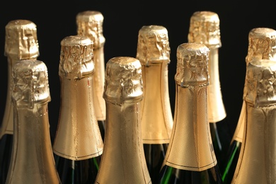 Many bottles of champagne on dark background, closeup